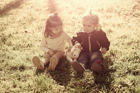 在阳光明媚的日子, 姐姐和弟弟玩玩具马