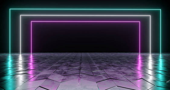 未来的科幻矩形霓虹灯管充满活力的紫色和蓝色发光灯在暗房间的反射倾斜粗糙混凝土表面空空间3d 渲染插图