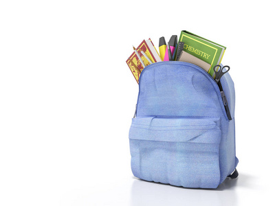 蓝色背包与学校用品3d 渲染白色