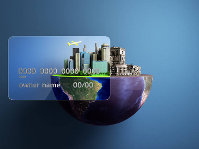 新的机会的概念与信用卡一个新的城市在一张卡片的力量被毁坏的城市在信用卡外面3d 渲染