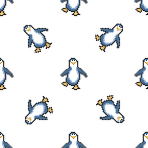 与企鹅无缝的模式。可爱的像素企鹅。8位矢量插图。冬季动物模式