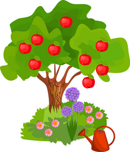 动画片苹果树与绿色冠, 红色果子和草在树干附近在白色背景