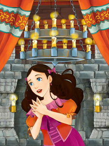 卡通场面与公主在中世纪城堡房间例证为孩子