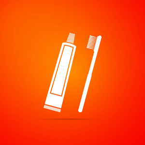 在橙色背景下, 牙膏和牙刷的图标被隔离。平面设计。矢量插图