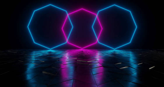 未来科幻霓虹灯管充满活力的紫色和蓝色发光灯在暗房间的反射倾斜粗糙混凝土表面空空间3d 渲染插图