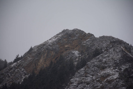 群山覆盖着积雪。山的看法从一个斜坡覆盖草。天空中的高山和森林背景