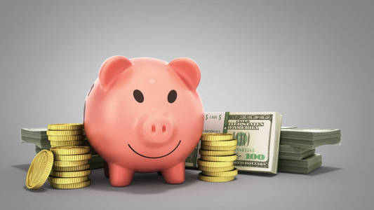 存钱的概念猪美元在栈3d 渲染灰色