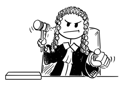 法官的卡通与槌指着他的手指