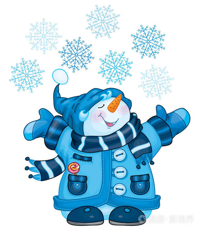 矢量快乐雪人漫画和雪花 孤立的白色