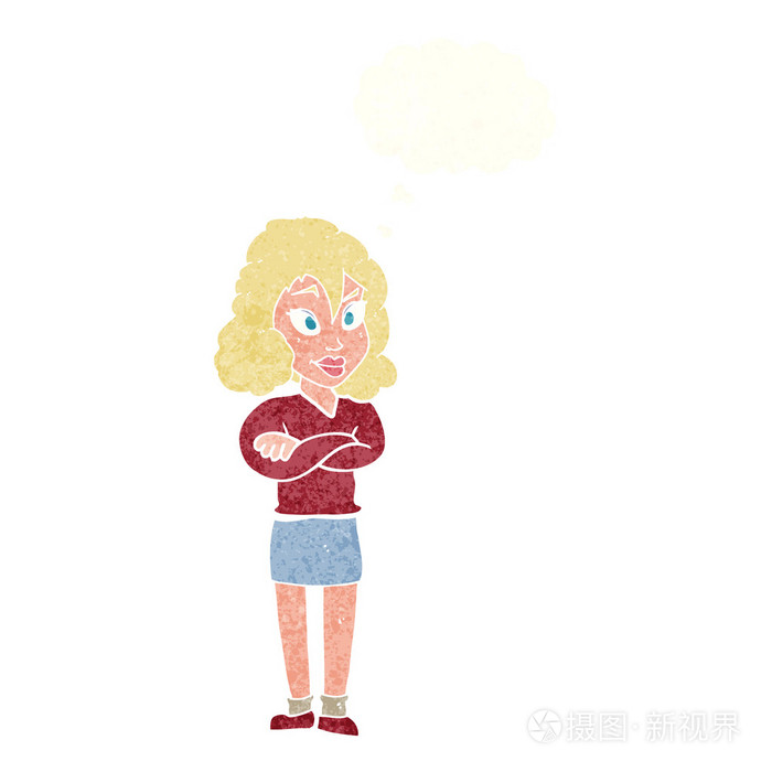双臂交叉与思想泡泡卡通女人