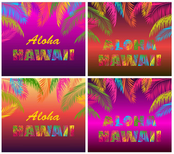 t恤时尚版画变化与阿罗哈夏威夷字母和五颜六色的棕榈叶霓虹灯之夜背景