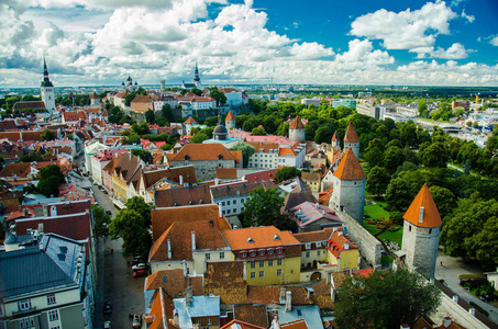 塔林老城的全景, 有传统的红色瓷砖屋顶中世纪教堂塔楼和墙壁, 来自爱沙尼亚圣奥拉夫教堂塔的 toompea 山