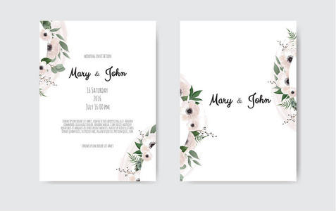 婚礼请柬邀请函植物婚礼请柬模板设计, 白色和粉红色的花朵。矢量模板集