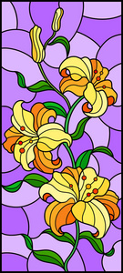 在紫色背景的黄色百合枝的彩色玻璃样式插图, 垂直图像