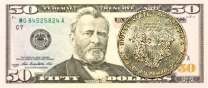 1美国银美元硬币反对50美元银行纸币正面