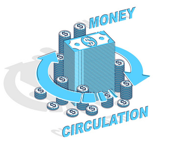 货币循环的概念, 现金钱栈与径向循环箭头左右。矢量3d 等距业务和财务说明, 细线设计