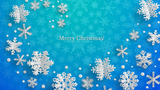 圣诞插图白色三维纸雪花在浅蓝色背景下