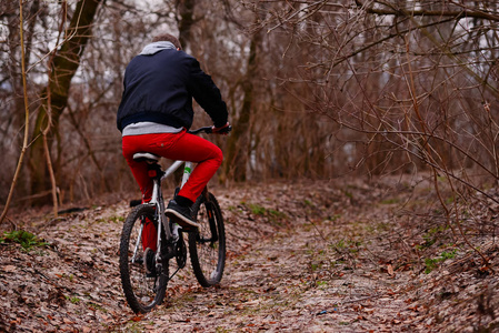 年轻人与背包骑自行车在山路在森林里