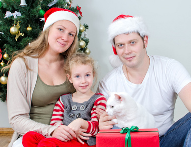 快乐家庭肖像在圣诞树前
