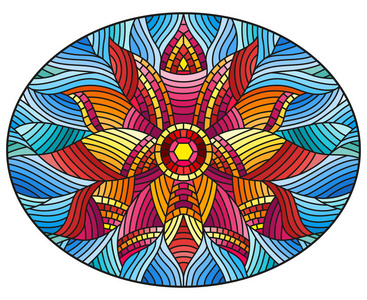彩色玻璃风格插图在蓝色背景, 圆形图像的抽象粉红色的花朵