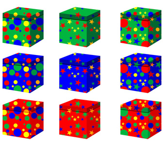 一套九个不同颜色的礼品盒, 白色背景插图