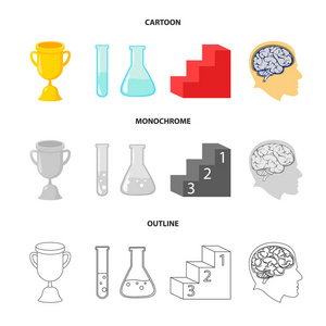 一杯, 试管用试剂, 底座, 一个人的头部与大脑。学校集合图标在卡通, 轮廓, 单色风格矢量符号股票插画网站