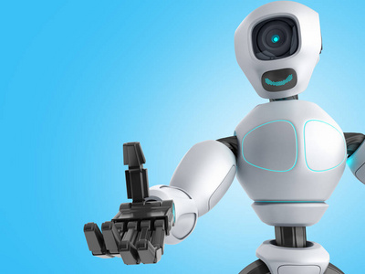 现代产品演示机器人的概念准备插入一个对象到手3d 渲染蓝色