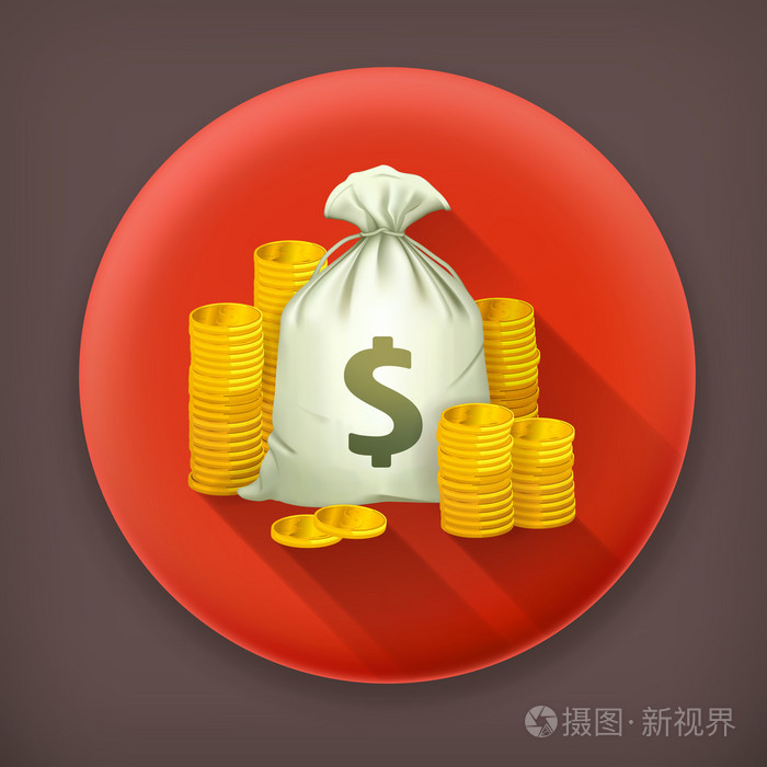 成堆的硬币和钱袋子,矢量图标