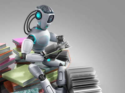 现代零件智能机器人的概念是读书坐在一堆 books3d 渲染灰色