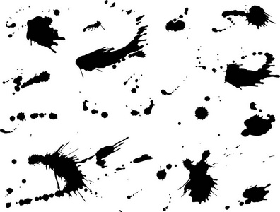 油墨污点集合，孤立的在白色背景上的黑色滴。矢量图