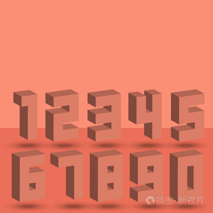 数字集珊瑚半色调3d 等距样式字体数字符号与阴影.