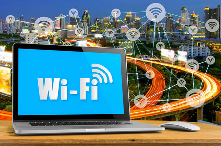 屏幕桌面和无线通信网络上的 Wifi 图标, 抽象图像可视化