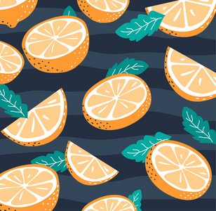 夏季图案与切片和整个橙色。在动画片平样式明亮的有色柑橘果子的向量例证