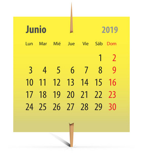 2019年6月的西班牙日历上贴有牙签的黄色标签。向量例证