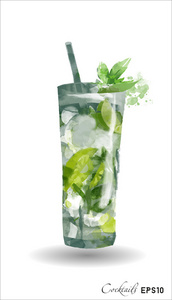 水彩 mojito 鸡尾酒