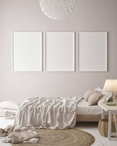 模拟海报上的简约柔和的墙壁, 时髦的卧室, 3d 渲染, 3d 插图