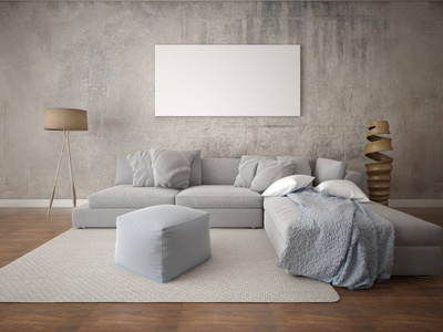 模拟一个宽敞的客厅与一个大的角落沙发和时髦的时髦背景