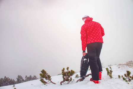 高大的运动员在温暖的衣服在穿雪鞋与徒步竿。漫步在山中的雪中