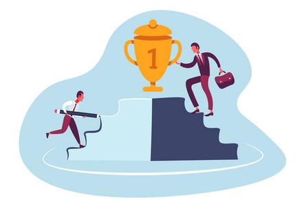 两个商人竞争攀登领奖台第一位奖杯杯企业战略优胜者概念平
