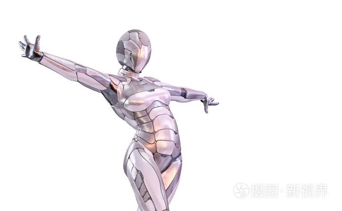 活泼的女性机器人伸出双臂.安卓,人形或机器人人工智能技术概念.