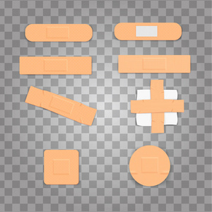 设置孤立的现实医学石膏绷带和棉花纱布矢量插图