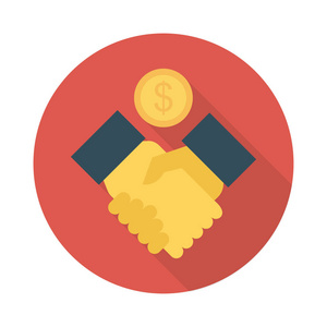 合作伙伴握手与美元硬币平面图标隔离在白色背景, 向量, 例证, 交易概念