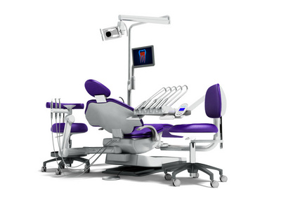 带背光和显示器的现代紫色牙科椅和硼砂, 用于在白色背景阴影下工作3d 渲染