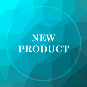 新产品图标。在蓝色低聚背景下的新产品网站按钮