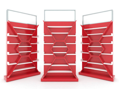 彩色红色货架设计白色背景与标签, 以促进在头上, 3d 插图
