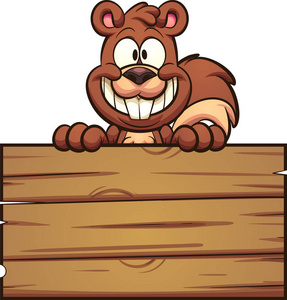 卡通松鼠与木制标志。向量剪贴画例证与简单的梯度。松鼠和标志上的不同层