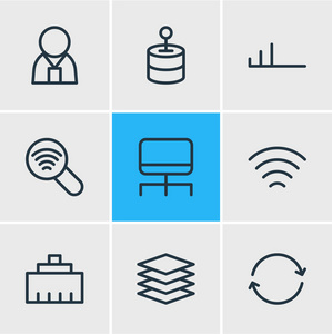图示9互联网图标线风格。可编辑的同步wifi链接计算机和其他图标元素集