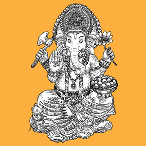 甘帕蒂酒店勋爵 Ganesh 大象节背景的手绘插图。向量