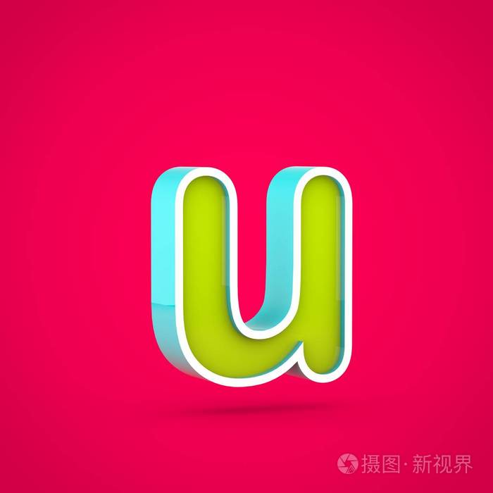 多汁字母 u 小写.3d 彩色石灰和蓝色字体在热粉色背景下的渲染