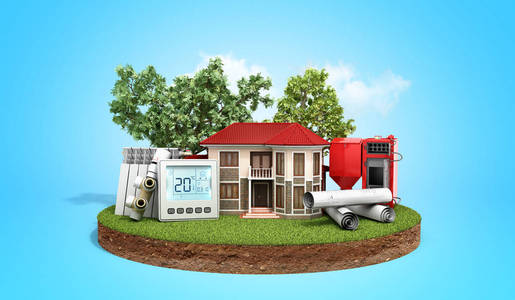 在一块土地上节能房子的概念木锅炉电池恒温控制器3d 渲染蓝色